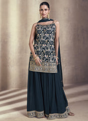 Navy Blue Ready to Wear Chinon Silk - Georgette Palazzo Style Suit