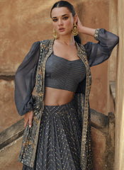 Dark Grey Ready to Wear Chinon Silk Indowestern Outfit