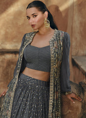 Dark Grey Ready to Wear Chinon Silk Indowestern Outfit