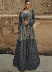 Dark Grey Ready to Wear Chinon Silk Indowestern Outfit