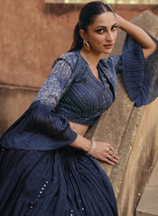 Navy Blue Ready to Wear Chinon Silk Indowestern Outfit