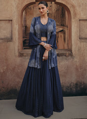 Navy Blue Ready to Wear Chinon Silk Indowestern Outfit