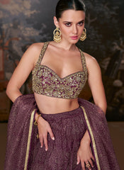 Wine-Burgandy Golden Printed Organza Lehenga Choli With Designer Blouse