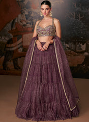 Wine-Burgandy Golden Printed Organza Lehenga Choli With Designer Blouse