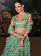 Sea Green Golden Printed Organza Lehenga Choli With Designer Blouse