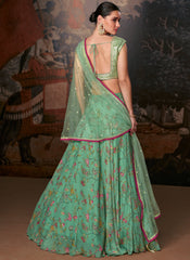 Sea Green Golden Printed Organza Lehenga Choli With Designer Blouse