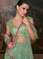 Sea Green Golden Printed Organza Lehenga Choli With Designer Blouse