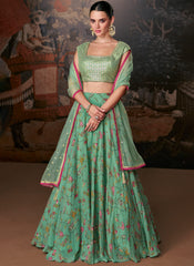 Sea Green Golden Printed Organza Lehenga Choli With Designer Blouse