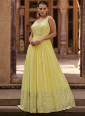 Light Yellow Embroidered Ready to Wear Georgette Anarkali Suit