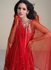 Red Golden Sequence Embroidered Anarkali Pant Style Suit