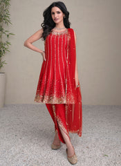 Red Golden Sequence Embroidered Anarkali Pant Style Suit