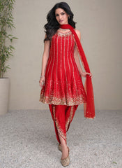 Red Golden Sequence Embroidered Anarkali Pant Style Suit