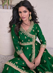 Green Golden Embroidered Angrakha Style Lehenga Suit