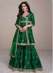 Green Golden Embroidered Angrakha Style Lehenga Suit