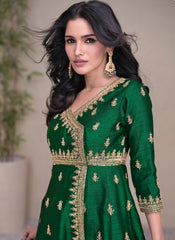 Green Golden Embroidered Angrakha Style Lehenga Suit