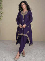 Purple Embroidered Asymmetrical Pant Style Suit