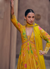Yellow-Multicolor Digital Printed Georgette Anarkali Suit