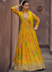 Yellow-Multicolor Digital Printed Georgette Anarkali Suit