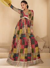 Red Multi Digital Printed Embroidered Anarkali Gown Dress