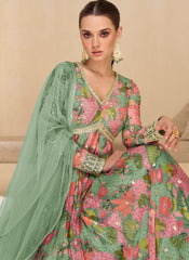 Mint Green Digital Printed Embroidered Anarkali Dress