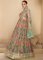 Mint Green Digital Printed Embroidered Anarkali Dress