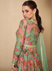 Mint Green Digital Printed Embroidered Anarkali Dress