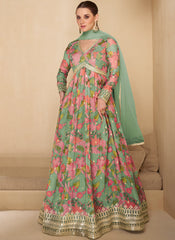 Mint Green Digital Printed Embroidered Anarkali Dress