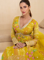 Yellow Digital Printed Embroidered Anarkali Dress