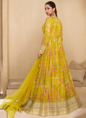 Yellow Digital Printed Embroidered Anarkali Dress