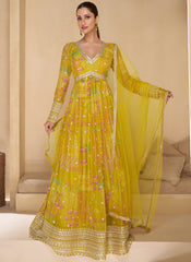 Yellow Digital Printed Embroidered Anarkali Dress