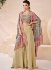 Pink And Beige Thread Embroidery Cape Style Indowestern Outfit