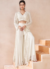 Off White Handwork Embroidery Cape Style Indowestern Outfit