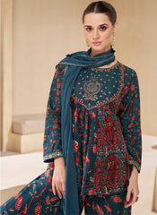 Jade Blue Sequence Embroidery Party Wear Sharara Suit