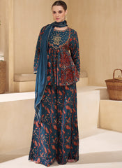 Jade Blue Sequence Embroidery Party Wear Sharara Suit