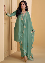 Green Embroidered Party Wear Pant Style Suit