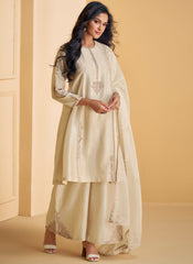 Pearl White Embroidered Party Wear Palazzo Suit