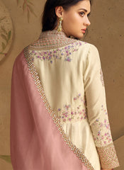 Pearl White and Pink Multi embroidery Real Silk Anarkali Suit