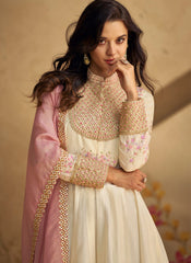 Pearl White and Pink Multi embroidery Real Silk Anarkali Suit