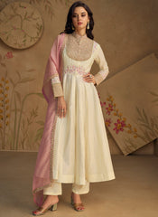 Pearl White and Pink Multi embroidery Real Silk Anarkali Suit