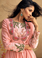 Pink Multi embroidery Real Silk Anarkali Suit