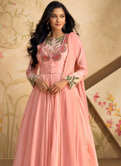 Pink Multi embroidery Real Silk Anarkali Suit