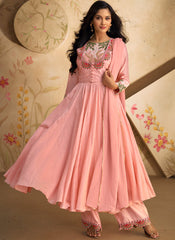 Pink Multi embroidery Real Silk Anarkali Suit