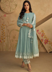 Blue Multi embroidery Real Silk Anarkali Suit