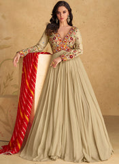 Beige with Leheriya Dupatta Multi Thread Embroidered Anarkali Suit