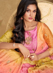 Shaded Yellow and Pink Multi Embroidered Anarkali Suit