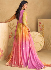 Shaded Yellow and Pink Multi Embroidered Anarkali Suit