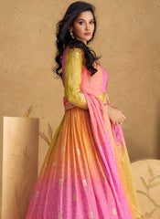 Shaded Yellow and Pink Multi Embroidered Anarkali Suit