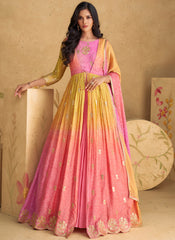 Shaded Yellow and Pink Multi Embroidered Anarkali Suit