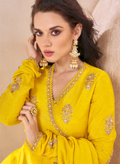 Yellow Multi-Embroidery Premium Silk Anarkali Suit