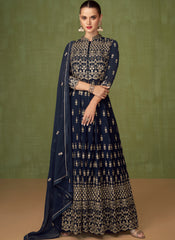 Navy Blue Embroidered Georgette Anarkali Style Suit